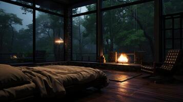 Cozy bedroom with a fireplace and a view of a rainy forest. photo