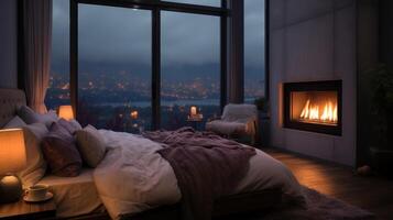Cozy bedroom with a fireplace and a view of the city lights at night. photo