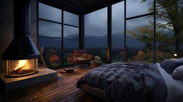 Cozy bedroom with a fireplace and a view of the forest through large windows on a rainy day. photo