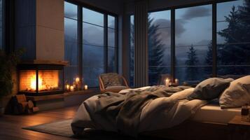 Cozy bedroom with a fireplace and large windows overlooking a snowy forest at night. photo