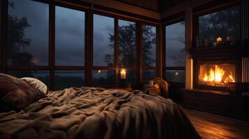 Cozy bedroom with a fireplace, a bed, and a window view of the forest and a lake at night. photo