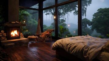 Cozy bedroom with a fireplace and a view of the rainforest. photo