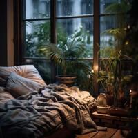 Cozy bedroom with a window overlooking a rainy day. A blanket is draped on the bed and potted plants are by the window. photo