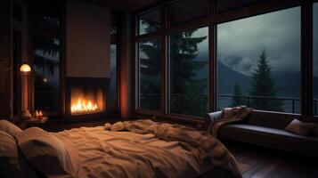 Cozy bedroom with a fireplace, large windows overlooking a forest and mountains, and a comfortable bed. photo