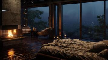 Cozy bedroom with a fireplace, a large window overlooking a misty forest, and a bed with soft bedding. photo