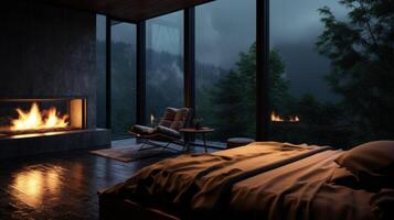 Cozy bedroom with a fireplace, large windows overlooking a forest, a bed with a blanket and pillows, and a chair near a side table. photo