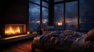 Cozy bedroom with a fireplace, large windows overlooking a snowy winter landscape, and a bed with soft blankets. photo