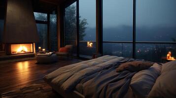 Cozy bedroom with fireplace and a view of a foggy mountain landscape at dusk. photo