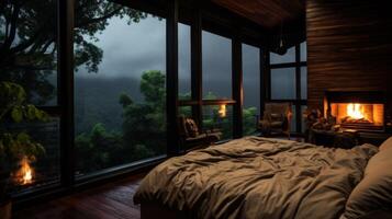 Cozy bedroom with large windows overlooking a lush forest, a fireplace with fire, and a comfortable bed. photo