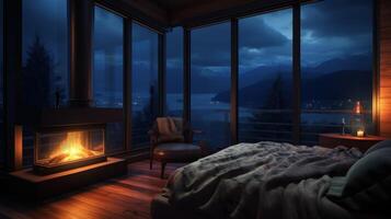 Cozy bedroom with fireplace and mountain view at night. photo