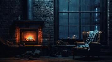 Cozy fireplace with a leather armchair and a window view of rain. photo