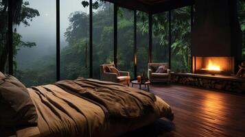 Cozy bedroom with large windows overlooking a lush forest and a fireplace. photo