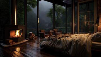 Cozy cabin bedroom with a fireplace and a view of the misty forest. photo