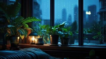 Cozy indoor scene with plants on a windowsill, a lantern, and a blanket, with a rainy city view outside. photo