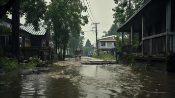 Flooded street in a small town after a heavy rainfall. photo