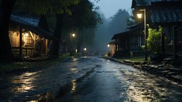 Empty street in a small village at night, illuminated by streetlights, reflecting off wet pavement. photo