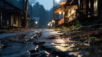 Low angle view of a wet, muddy path in a forest at night, with rustic wooden buildings and blurred lights. photo