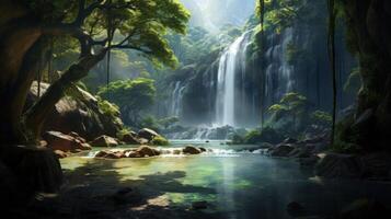 Lush green foliage and cascading waterfall create a tranquil scene in a hidden jungle valley. photo