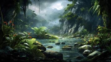 Lush green foliage and a tranquil stream surrounded by rocks in a mystical jungle setting. photo