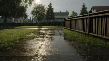 Rain falls on a wet sidewalk near a wooden fence and green grass. photo