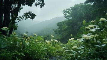 Rain falling through the canopy of trees in a lush forest. photo