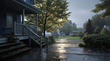 Front porch of a blue house with steps leading down to the wet pavement during a rain shower. photo