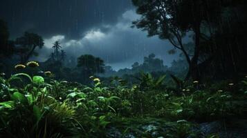 Rain falls on a jungle floor, with flowers and leaves illuminated by the light of the sky. photo