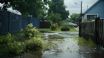 Rain pours down on a suburban street, flooding the ground and creating puddles. photo