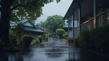 Rainy Day Street Scene with Wet Sidewalk in Front of Houses. photo