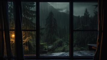 Rainy Night View from Window with Dark Forest and Porch. photo