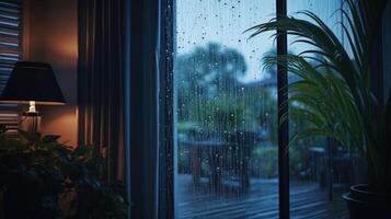 Raindrops on a window with a plant in the foreground and a lamp on the left side. photo