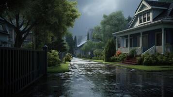 Rainy day on a quiet street in a suburban neighborhood.  The street is wet and the houses are surrounded by lush greenery. photo