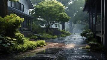Rainy day on a quiet street with lush greenery and a modern building with a porch. photo