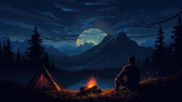 Silhouette of a man sitting by a campfire under a full moon, with a tent and mountains in the background. photo
