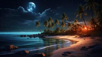 Serene Nighttime Beach Scene with Palm Trees, Full Moon, and Starry Sky. photo