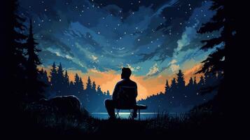 Silhouette of a man sitting on a chair looking up at the stars and clouds in the night sky. photo
