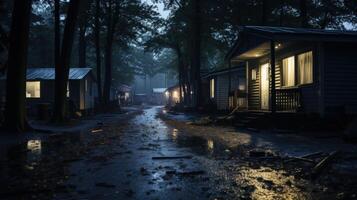 Row of cabin homes in a foggy forest with lights on at night after a rain storm, a long path leads back into the woods. photo