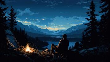 Silhouette of a man sitting by a campfire in a forest at night with a starry sky and mountain view. photo