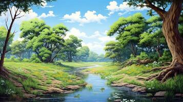 Serene forest stream flows through lush green trees and flowers under a blue sky with white clouds. photo