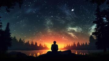 Silhouette of a person sitting on a rock by a lake with a beautiful orange sunset and a starry night sky. photo