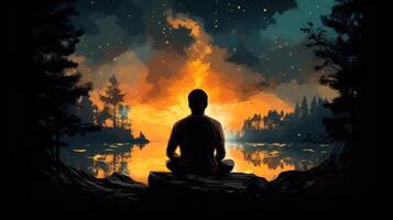 Silhouette of a man sitting by a lake at sunset. The sky is ablaze with color and the water reflects the light. photo