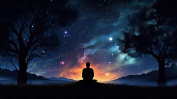 Silhouette of a person sitting on a hill, looking at a starry sky with glowing clouds. photo