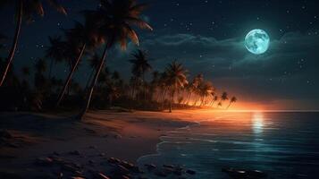 Tranquil beach with palm trees under a starry sky and bright moon. photo