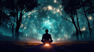Silhouette of a person sitting in a meditative pose in a forest clearing under a starry night sky. photo