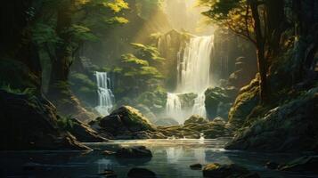 Sunbeams illuminate a mossy, lush forest with a waterfall cascading into a tranquil pool. photo