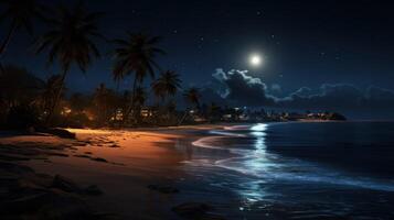 Tranquil night scene of a tropical beach with palm trees, a full moon, and gentle waves. photo