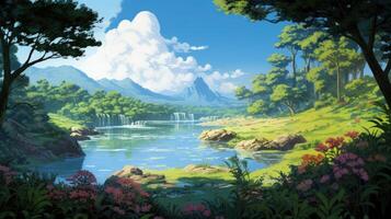 Tranquil blue river flowing through a lush green forest with waterfalls in the distance and a big puffy white cloud in a blue sky. photo