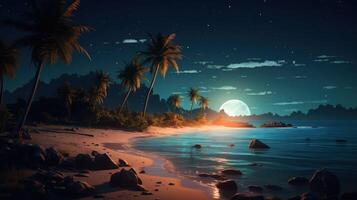 Tranquil night scene with a large moon illuminating a tropical beach with palm trees and rocks. photo