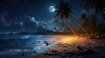 Tranquil night scene with a full moon shining on a tropical beach with palm trees. photo