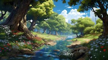 Tranquil forest stream with lush foliage and colorful wildflowers. photo